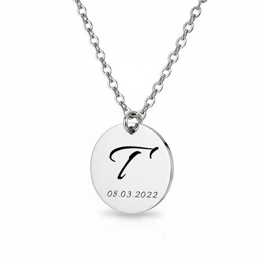 Personalisierte Halskette mit Initiale & Datumsgravur aus Edelstahl | Symbolischer Schmuck als Geschenk | verstellbare Kettenlänge 45 + 5 cm
