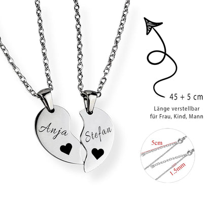 Paar-Herz-Halskette verstellbar Gravur Silber Geschenk
