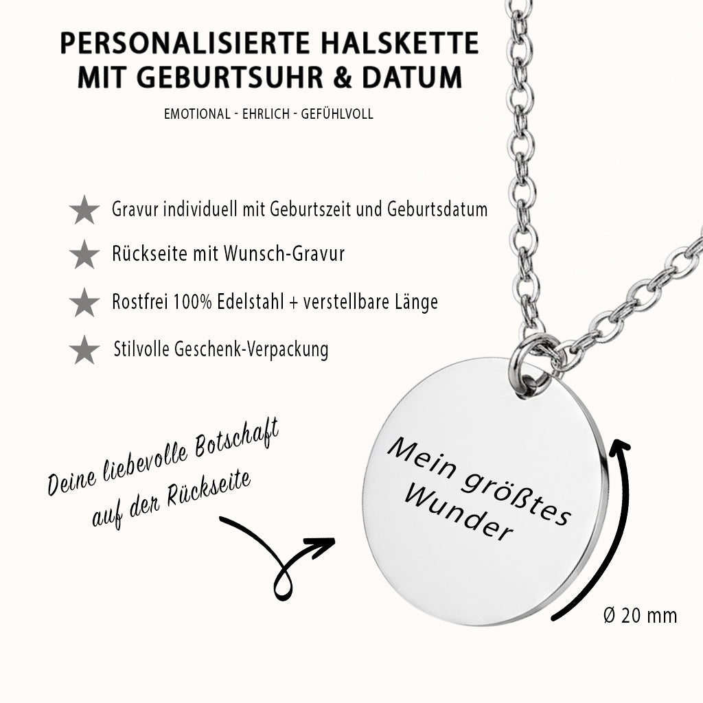 Geburtsuhr Halskette Gravur Silber Geschenk