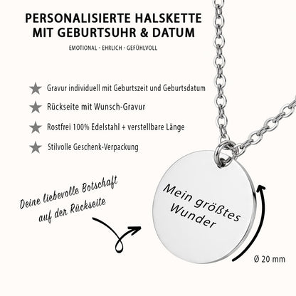 Geburtsuhr Halskette Gravur Silber Geschenk