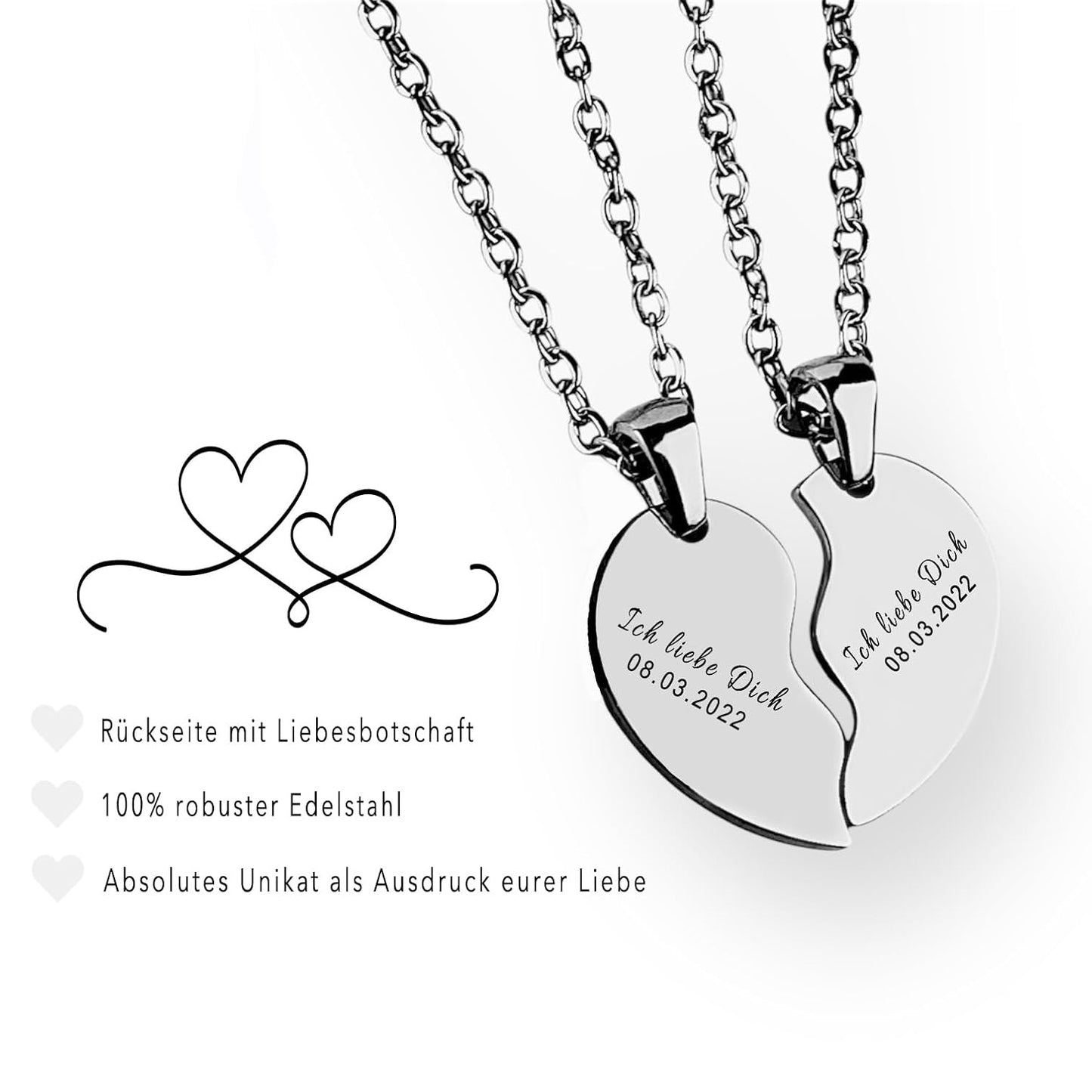 Rückseite Personalisierte Paar-Herz-Halskette Gravur Silber Geschenk